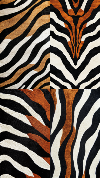 斑马条纹的平面图案，黑、象牙白和栗棕色交错，完美对称，高对比度，纺织艺术，地毯纹理，大胆而戏剧化。