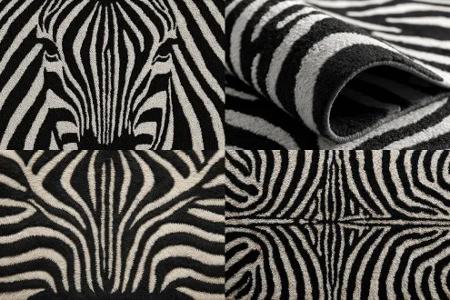 a modern zebra print carpet, animalistic pattern, bold black and white stripes in a symmetrical layout, high contrast, textured wool pile, minimalist interior design, graphic art, repeating pattern
