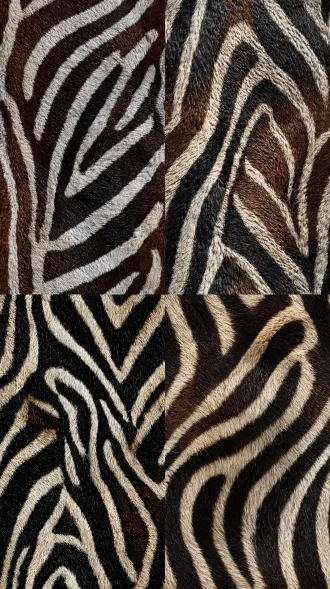 macro photography of real zebra hide texture, intricate patterns of black and white stripes with organic flow and subtle brown undertones, showing natural skin texture and pores, symmetrical design, high contrast, as a plush carpet material, seamless repeat