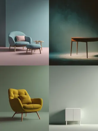 a [furniture] isolated on a minimalist muted [color] background, soft diffused lighting, subtle shadow, studio shot, clean and elegant, scandinavian style, hyper-realistic, 8k