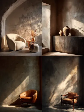 product photography of a [furniture], on a background of textured plaster wall, warm ambient light, a sense of tranquility, natural shadows, high-end interior magazine, shot on hasselblad