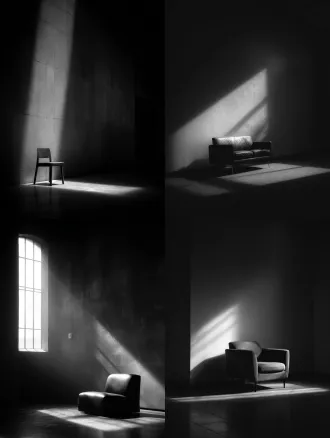 a modern [furniture] in an empty space, dramatic lighting from the side, long shadows, chiaroscuro, monochromatic color scheme, architectural photography, sense of solitude, 4k