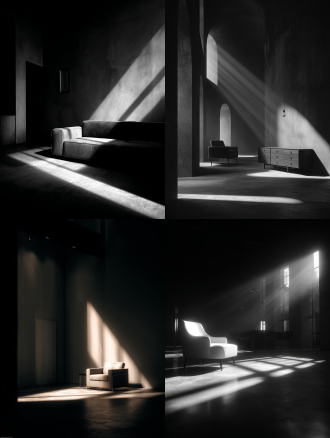 a modern [furniture] in an empty space, dramatic lighting from the side, long shadows, chiaroscuro, monochromatic color scheme, architectural photography, sense of solitude, 4k