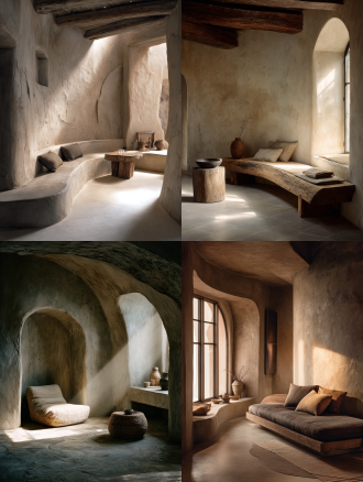 a [furniture] in a wabi-sabi style room, organic textures, curved walls, muted earthy tones, a single beam of light, peaceful and meditative, imperfect beauty, kinfolk magazine style