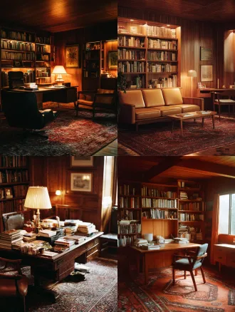 a [furniture] in a mid-century modern study, surrounded by books and a vintage rug, warm wood paneling, warm ambient glow, nostalgic and intellectual atmosphere, shot on 35mm film