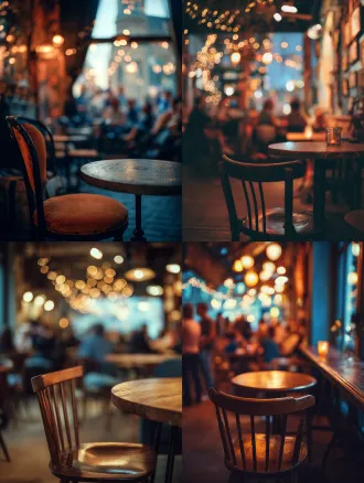 a [chair/table] in a stylish cozy cafe, ambient lighting, people blurry in the background, a sense of leisure, european style, bokeh effect, inviting and warm, blog photography