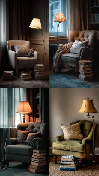 a cozy armchair in a quiet reading nook, next to a floor lamp and a pile of books, soft fabric texture, inviting and comfortable