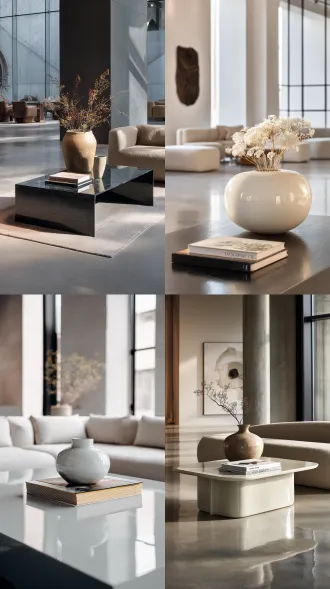 a minimalist coffee table in a spacious lounge, with a ceramic vase and a art book on top, reflective surface, clean lines, gallery-like setting