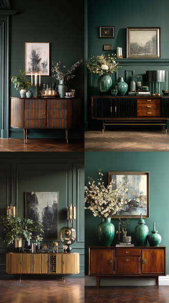 an elegant sideboard against a dark green wall, with curated decorative objects on top, art deco style, sophisticated and dramatic
