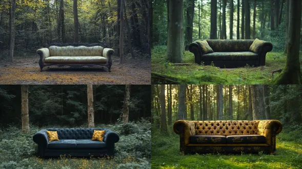 超大的沙发在森林里面。