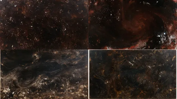 a lacquer painting of cosmic chaos before form, vast swirling dark lacquer ground with deep amber undertones, fractured eggshell inlay forming pale wind-scoured marks, scattered mother-of-pearl fragments catching cold iridescent light, layered cinnabar and silver foil buried under translucent lacquer, burnished and abraded surface with subtle crackle, diffuse chiaroscuro, no figures, no text, monumental and desolate atmosphere, handmade materiality, chinese lacquer art aesthetics, high detail, matte and glossy contrast