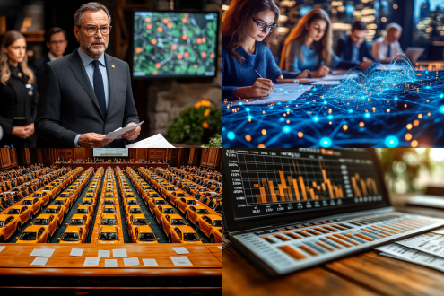 全球稳定币监管立法场景，政府大楼内，严肃议员们围坐讨论，桌上散落文件，大屏幕显示法律草案，现代办公室，写实风格，商务正装，专注表情，权力氛围，深色调，柔光，全景镜头，细节丰富，冷静专业，权威感。