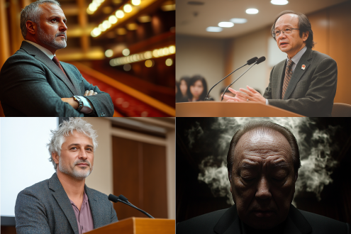 "中国人民银行行长发布会，小白镜头，严肃庄重，演讲台前，西装革履，沉稳表情，聚光灯下，高清细节，浅景深，中长焦镜头，冷色调，权威感，现代会议厅，背景大屏幕，精确构图，低调奢华，微侧光，沉稳手势，专业氛围。"