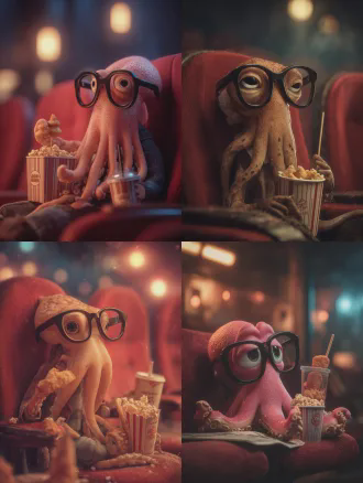 一只戴黑框大眼镜的章鱼坐在红色影院座椅上，一条触手卷着炸丸子串，另一条卷着饮料杯，正专注看电影，温馨场景，特写镜头，柔光，影院暗环境，高饱和度，怀旧风格，生动表情，舒适氛围。