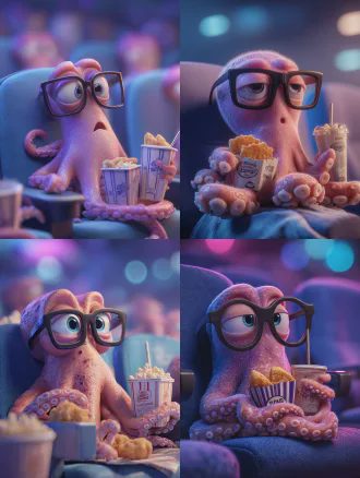 一只3d卡通章鱼戴着黑框大眼镜坐在电影院座位上，一条触手卷着两串油炸丸子，另一条卷着饮料，边看边吃，生动有趣，对角线构图，影院环境，柔光，特写镜头，高细节渲染，皮克斯动画风格，蓝紫主色调，舒适惬意。
