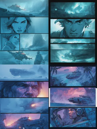 科幻漫画分镜，飞船接近神秘岛屿，第一镜飞船远景，广角镜头，第二镜角色特写，紧张表情，第三镜岛屿细节，雾气笼罩，第四镜降落瞬间，动态模糊，赛博朋克风格，冷色调，景深效果，环境光，未来感，悬疑氛围。