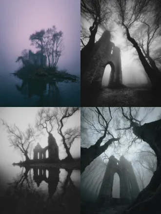 浓雾笼罩的诡异岛屿，哥特式废墟，扭曲的枯树，阴冷氛围，超现实摄影，广角镜头，长曝光，低角度，暗色调，柔光，烟雾弥漫，阴影浓重，诡异寂静，压抑情绪。