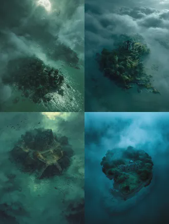 弥漫烟雾的恐怖诡异大岛屿，俯视构图，浓雾笼罩，阴森沼泽，哥特式建筑废墟，惨白月光，环境光，广角镜头，高饱和度，暗绿色调，压抑恐惧，细节丰富，神秘恐怖。