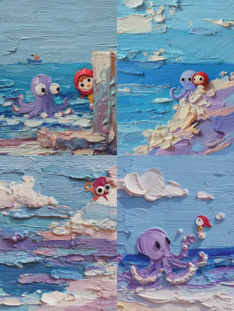 厚涂油画，凹凸颜料机理，蓝紫白相间的笔触海面，左中红色可爱章鱼探头探脑，右上戴红头巾卡通人物从海面探出，盯着章鱼，搞笑可爱风格，鲜艳色彩，厚涂质感，趣味表情，对角线构图