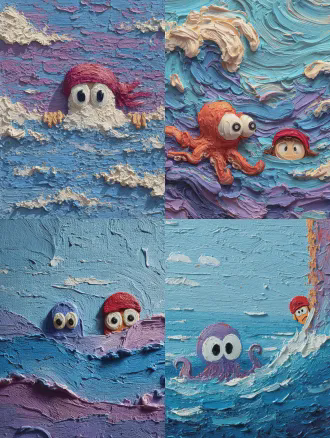 厚涂油画浮雕机理，蓝紫白相间涟漪海面，左中位置红色可爱章鱼探头探脑表情，右上角戴红头巾卡通人物从海面探出脑袋盯着章鱼，对角线构图，强烈笔触感，卡通搞笑风格，高饱和度色彩，侧光照明，动态瞬间，趣味互动，广角镜头，厚涂颜料机理，幽默情感。