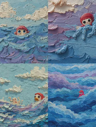 厚涂油画颜料浮雕机理，蓝紫白相间笔触平铺海面，风吹起无数涟漪，左中位置红色可爱章鱼探头探脑，右上角戴红色头巾卡通人物从海面弹出脑袋盯着章鱼，搞笑可爱，高光，纹理丰富，厚涂技法，对角线构图，温暖色调，广角镜头，侧光，幽默表情，互动场景。