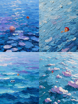 油画厚涂浮雕机理，俯拍海面无数涟漪蓝紫白笔触平铺，没有天际线，左中位置红色可爱章鱼探头探脑表情，右上角戴红色头巾卡通人物从海面弹出脑袋盯着章鱼，对角线构图，高饱和度，粗笔触，厚涂颜料肌理，卡通风格，滑稽表情，喜剧氛围。