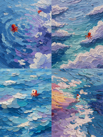厚涂油画，浮雕质感，俯拍海面，蓝紫白相间笔触涟漪，无天际线，左中红色可爱章鱼探头探脑，右上角戴红色头巾卡通人物从海面探出，盯着章鱼，搞笑可爱，统一笔触方向，高饱和度，丙烯颜料质感，对角线构图，动态捕捉。