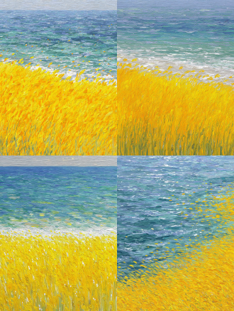 蓝海替代麦穗，微风吹拂涟漪，广角镜头俯视视角，海面波纹细节，柔和自然光，冷色调，极简构图，平静氛围，宁静情感，高清晰度，真实摄影风格。