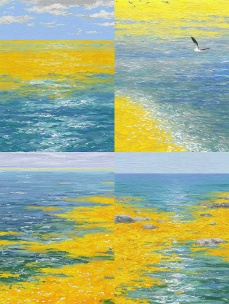 蓝色海面微风拂过，小海浪轻拍涟漪，平静广阔，柔焦镜头，自然光，柔和色调，俯拍视角，宁静，细节纹理，动态水纹，低饱和度蓝，平静氛围，温柔微风。