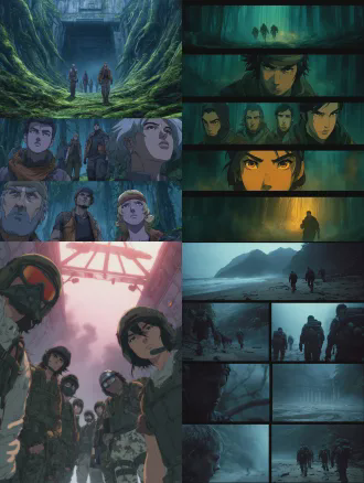 七八个凶神恶煞的人驾驶飞船降落在庞大神秘岛上，紧张探索，日漫风格分镜，电影感构图，阴森雨林与古老遗迹，广角与特写切换，低饱和度冷色调，戏剧性顶光与阴影，角色身穿战斗服表情警惕，动作缓慢谨慎，氛围神秘恐怖，悬念感。