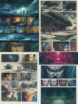 七八个凶神恶煞的角色驾驶飞船降落在庞大神秘岛，日漫分镜风格，多格连续画面，紧张探索，恐怖氛围，神秘地貌，飞船细节，人物特写，表情凶狠，服饰各异，暗色调，环境阴森，顶光与侧光，广角与长焦镜头，动态模糊，压迫感构图，高对比度，悬疑情绪。