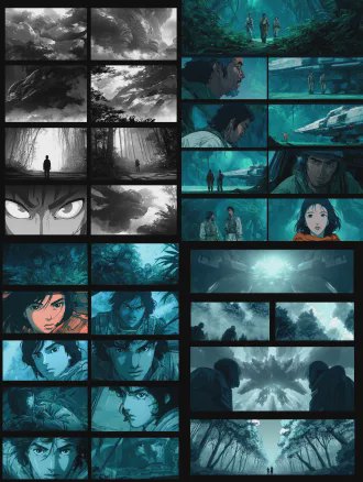 七八个日漫风格分镜，飞船与庞大神秘岛，凶神恶煞的船员，装备精良，茂密雨林探索，紧张恐怖氛围，低角度与特写镜头，赛璐珞动画风格，高对比阴影，冷色调，阴森诡异。