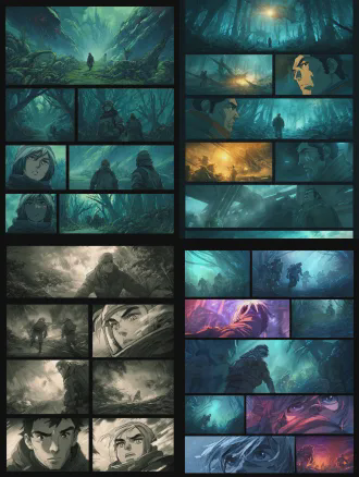 日漫风格分镜，七八个凶神恶煞的角色，驾驶飞船降临庞大神秘岛，人物身穿探险装备表情警惕，茂密森林中紧张探索，恐怖神秘氛围，动态构图，阴郁色调，广角镜头，电影感光影，细节丰富的角色设计，低角度拍摄，压迫感场景。