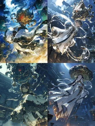 东方神魔志怪美学，一位拥有绝美容颜的东方神女悬浮于失落的古老神殿之中，低机位仰视构图，人物身体呈现失重般的斜向舒展姿态，头部微微后仰，眼眸半阖，神情清冷而倦怠，肌肤泛着微弱的冷玉光泽，乌黑长发如水墨般在空中盘旋飘散，几缕发丝掠过面颊。身着月白色轻纱多层神衣，羽纱般的宽袖与轻纱丝带层层展开，衣料边缘镶嵌古旧暗金符纹，胸前与腰间佩戴精巧的鎏金祭祀饰物。人物头顶悬浮一尊巨大残损的远古神像，神像具有东方兽面与古代青铜面具的融合特征，眉骨高耸，双目幽暗，额间燃烧着微弱的赤金神火，表面覆盖青铜锈迹与古老裂纹。神女身侧有数条虚幻的灵蛇形气流缠绕，仿佛正在进行一场失控的封神仪式。深青蓝色的神殿空间，破碎的玉质屏风、悬空的古老祭器、若隐若现的石柱，冷色月光从左上方斜射而下，与底部微弱的橙金火光形成冷暖对照，空气中漂浮稀薄烟尘与细微金色碎屑，东方神秘主义，诡丽而庄严，人物与巨大背景神像形成强烈尺度反差，富有视觉纵深，电影级构图，厚涂与半写实数字绘画融合，柔焦空气透视，细腻笔触，局部锐利而整体朦胧，低饱和青绿、墨蓝、骨白、旧金配色，神性、宿命感、幽玄美学，画面具有高级概念艺术质感，不是普通古装人像，元素不凌乱，元素符合角色设计，不生硬，不累赘，造型明确清晰，不要出现没有作用的凌乱元素，anime screenshot，