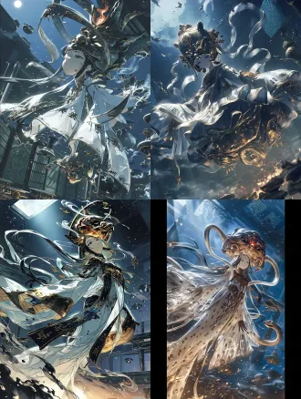 写实玄幻电影风格，东方神魔志怪美学，一位拥有绝美容颜的东方神女悬浮于失落的古老神殿之中，低机位仰视构图，人物身体呈现失重般的斜向舒展姿态，头部微微后仰，眼眸半阖，神情清冷而倦怠，肌肤泛着微弱的冷玉光泽，乌黑长发如水墨般在空中盘旋飘散，几缕发丝掠过面颊。身着月白色轻纱多层神衣，羽纱般的宽袖与轻纱丝带层层展开，衣料边缘镶嵌古旧暗金符纹，胸前与腰间佩戴精巧的鎏金祭祀饰物。人物头顶悬浮一尊巨大残损的远古神像，神像具有东方兽面与古代青铜面具的融合特征，眉骨高耸，双目幽暗，额间燃烧着微弱的赤金神火，表面覆盖青铜锈迹与古老裂纹。神女身侧有数条虚幻的灵蛇形气流缠绕，仿佛正在进行一场失控的封神仪式。深青蓝色的神殿空间，破碎的玉质屏风、悬空的古老祭器、若隐若现的石柱，冷色月光从左上方斜射而下，与底部微弱的橙金火光形成冷暖对照，空气中漂浮稀薄烟尘与细微金色碎屑，东方神秘主义，诡丽而庄严，人物与巨大背景神像形成强烈尺度反差，富有视觉纵深，电影级构图，厚涂与半写实数字绘画融合，柔焦空气透视，细腻笔触，局部锐利而整体朦胧，低饱和青绿、墨蓝、骨白、旧金配色，神性、宿命感、幽玄美学，画面具有高级概念艺术质感，不是普通古装人像，元素不凌乱，元素符合角色设计，不生硬，不累赘，造型明确清晰，不要出现没有作用的凌乱元素，anime screenshot，