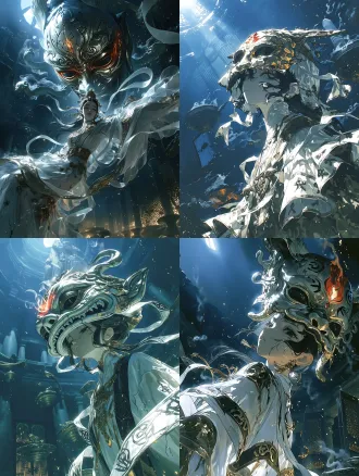 写实玄幻电影风格，东方神魔志怪美学，一位拥有绝美容颜的东方神女悬浮于失落的古老神殿之中，低机位仰视构图，人物身体呈现失重般的斜向舒展姿态，头部微微后仰，眼眸半阖，神情清冷而倦怠，肌肤泛着微弱的冷玉光泽，乌黑长发如水墨般在空中盘旋飘散，几缕发丝掠过面颊。身着月白色轻纱多层神衣，羽纱般的宽袖与轻纱丝带层层展开，衣料边缘镶嵌古旧暗金符纹，胸前与腰间佩戴精巧的鎏金祭祀饰物。人物头顶悬浮一尊巨大残损的远古神像，神像具有东方兽面与古代青铜面具的融合特征，眉骨高耸，双目幽暗，额间燃烧着微弱的赤金神火，表面覆盖青铜锈迹与古老裂纹。神女身侧有数条虚幻的灵蛇形气流缠绕，仿佛正在进行一场失控的封神仪式。深青蓝色的神殿空间，破碎的玉质屏风、悬空的古老祭器、若隐若现的石柱，冷色月光从左上方斜射而下，与底部微弱的橙金火光形成冷暖对照，空气中漂浮稀薄烟尘与细微金色碎屑，东方神秘主义，诡丽而庄严，人物与巨大背景神像形成强烈尺度反差，富有视觉纵深，电影级构图，厚涂与半写实数字绘画融合，柔焦空气透视，细腻笔触，局部锐利而整体朦胧，低饱和青绿、墨蓝、骨白、旧金配色，神性、宿命感、幽玄美学，画面具有高级概念艺术质感，不是普通古装人像，元素不凌乱，元素符合角色设计，不生硬，不累赘，造型明确清晰，不要出现没有作用的凌乱元素，anime screenshot，