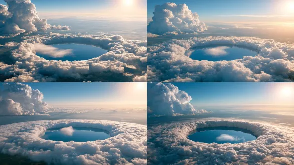 high altitude aerial shot, surreal ring-shaped cloud platform constructed by fluffy dense white cumulus clouds, a clear calm sapphire lake in the center of the circular cloud ring, lake surface reflects blue sky, wisp of light white fog over the lake, giant puffy cumulus clouds in top left corner, bright gradient clear blue sky, warm golden sun glow at top right, endless sea of clouds and hazy distant terrain under the cloud platform, dreamland landscape, realistic photography, ultra detailed cloud texture, soft natural side lighting, high definition 8k, cinematic depth of field, atmospheric perspective