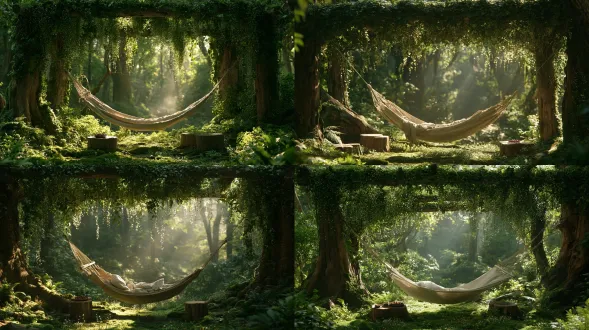 cozy secluded forest nook, thick woven linen hammock suspended between weathered massive log pillars, overgrown pergola roof covered in lush green ivy and cascading tiny white flowering vines, ground blanketed in moss, ferns and tiny wildflowers, two low tree stump side tables with small plate of wild berries, soft golden morning sunlight filtering through tree canopy, gentle mist drifting in distant ancient forest valley, cinematic volumetric lighting, dappled sun rays, hyperrealistic landscape photography, 8k, ultra detailed texture, shallow depth of field, shot on arri alexa, natural muted color grading