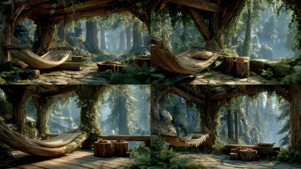 cozy secluded forest nook, thick woven linen hammock suspended between weathered massive log pillars, overgrown pergola roof covered in lush green ivy and cascading tiny white flowering vines, ground blanketed in moss, ferns and tiny wildflowers, two low tree stump side tables with small plate of wild berries, soft golden morning sunlight filtering through tree canopy, gentle mist drifting in distant ancient forest valley, cinematic volumetric lighting, dappled sun rays, hyperrealistic landscape photography, 8k, ultra detailed texture, shallow depth of field, shot on arri alexa, natural muted color grading