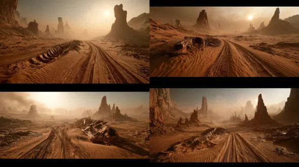 desolate endless desert wasteland, giant ancient creature fossil skeleton half submerged in wind-swept rippled sand, old vehicle tire tracks stretched across sand surface, heavy sandstorm haze obscuring distant horizon, scattered eroded spire rock formations across the barren plain, sepia warm tan monochromatic color palette, cinematic anamorphic wide shot, black cinematic letterbox bars on top and bottom, soft hazy sunlight through dust, floating fine sand particles, shallow depth of field, hyperrealistic, gritty post-apocalyptic atmosphere, shot on 70mm film, ultra detailed, 8k