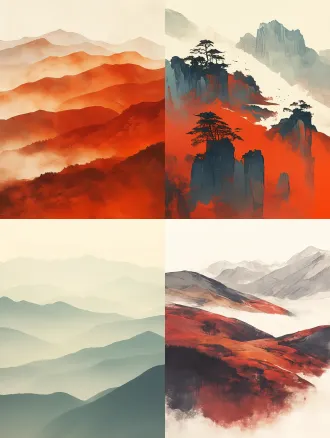 中国红色远山层岚叠嶂，极简设计，干净背景，大面积留白，水墨风格，低饱和度，柔和光线，长焦镜头，远景构图，平静氛围，抽象感，平面化处理，细腻纹理，几何线条，淡雅色调，禅意。