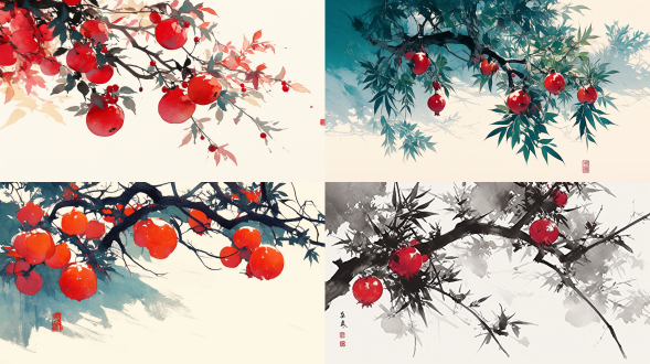水墨画，吴冠中风格，石榴挂枝头，简约留白，细腻笔触，淡雅色调，中式美学，宣纸纹理，自然光影，静态构图，柔和阴影，传统意境，4:3画幅，宁静氛围，墨色渐变，写意风格。