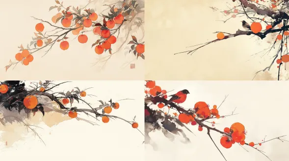 水墨画风格红柿子枝头，大面积留白，细腻笔触，淡雅色调，中式美学，宣纸纹理，自然光影，静态构图，柔和阴影，传统意境，宁静氛围，墨色渐变，吴冠中式写意，极简构图，暖色点缀，工笔细节，含蓄情感，虚实相生，留白意境，宣纸质感。