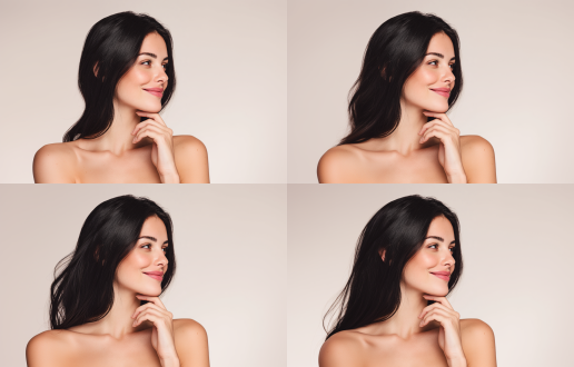 一位拥有洁净健康肌肤的美丽女性,轻触下巴，肤色美白，微笑着侧目而视,背景为纯白色。她留着一头乌黑柔顺的长发,妆容淡雅自然。这是一幅精致的美妆肖像摄影作品,非常适合刊登在时尚杂志封面,分辨率极高。