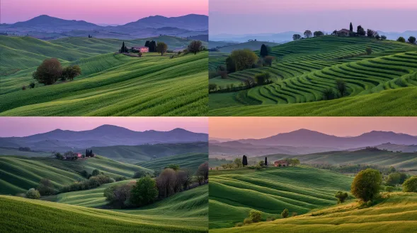 整齐的、波浪般的绿色梯田沿舒缓的山坡蔓延，远处有几棵造型优美的孤树和一座小农舍。黄昏时分，天空呈现淡淡的粉紫色，与田野的绿形成柔和对比。画面构图平衡、和谐，仿若古典风景画，宁静优美