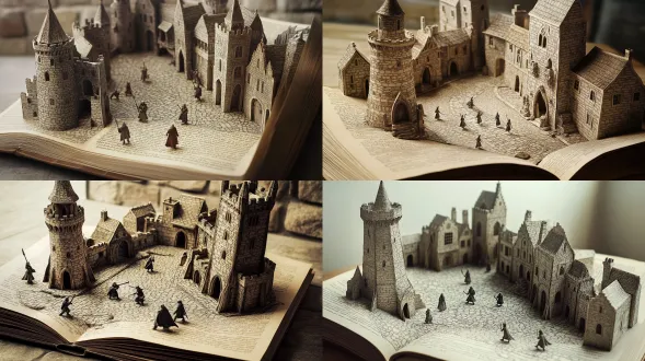 a 3d pop-up book diorama of a medieval magical town, an open ancient parchment manuscript as the ground, gothic stone castle, wizard tower, cobblestone streets, tiny miniature knights and mages walking around, paper-cut architecture standing upright from the pages, isometric view, high angle shot, stop-motion animation aesthetic, soft studio lighting, warm sepia and muted magical colors, highly detailed miniature model, macro photography, depth of field