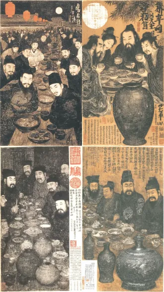 古代宴会，月下畅饮，屈膝而坐，华丽汉服，金线刺绣，举杯欢笑，木案美食，青铜酒器，柔美月光，古典建筑，红灯笼，暖黄色调，柔和光影，低角度拍摄，广角镜头，细腻质感，欢乐氛围，文化厚重感，宁静夜色，传统美学