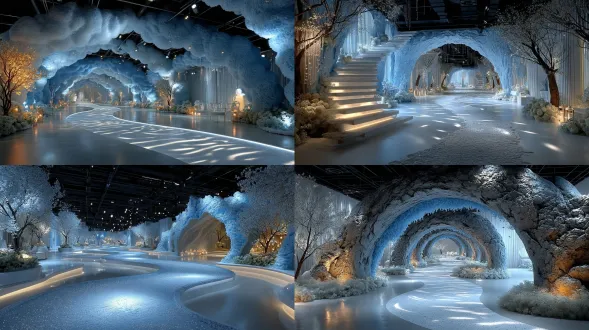 蜿蜒雪径t台，起伏丘陵结构，s形螺旋路径，白色浅灰泡沫山石肌理，厚厚人造雪覆盖，透明亚克力冰晶嵌入蓝白紫led灯光，树脂冰柱冰晶点缀，抽象水晶树，环形led背景动态雪花极光星空，冰晶拱门入口，圆形终点舞台，冷色调，广角镜头，柔光，静谧优雅，高级时尚。