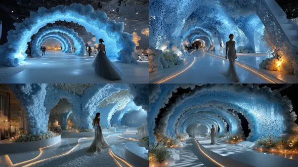 "蜿蜒雪径t台，起伏丘陵结构，s形螺旋路径，白色泡沫山石肌理，厚厚人造雪覆盖，透明亚克力冰晶内嵌led灯带（蓝白紫光），树脂冰晶与冰柱点缀，抽象水晶树，环形led背景动态雪花极光，冰晶拱门入口，模特身着未来感银色流苏长裙，冷峻表情，优雅猫步，冷色调，柔光，广角镜头，慢快门，飘雪特效，神秘空灵氛围"