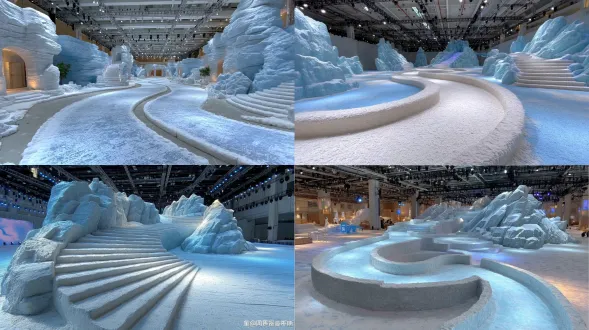 蜿蜒雪径t台，s形螺旋路径，起伏丘陵结构，白色浅灰泡沫山石肌理，厚厚人造雪覆盖，透明亚克力冰晶嵌入蓝白紫led灯光，树脂冰柱冰晶点缀，抽象水晶树，环形led背景动态雪花极光星空，高级时尚模特，银色流光礼服，冷峻表情，广角镜头，柔光，静谧优雅，高对比度，未来感，蓝紫主色调。